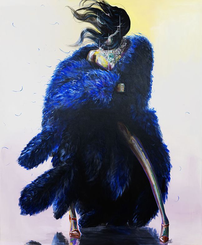 Woman in blue fur coat, holding jewels, standing on high heels.