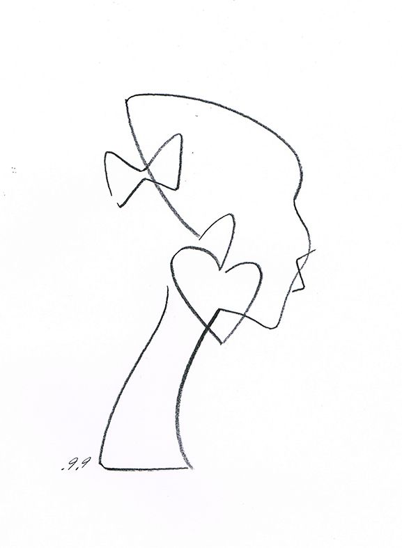 Line drawing of a profile: head with bow, heart-shaped earrings, and slender neck, against a white background.