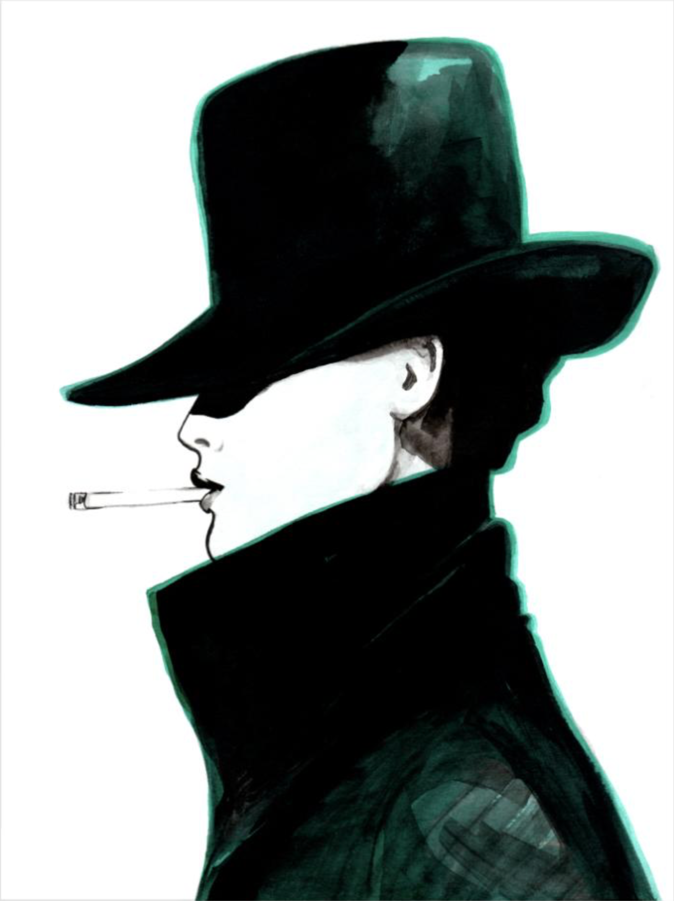 Person in black hat and coat, smoking a cigarette, profile view.