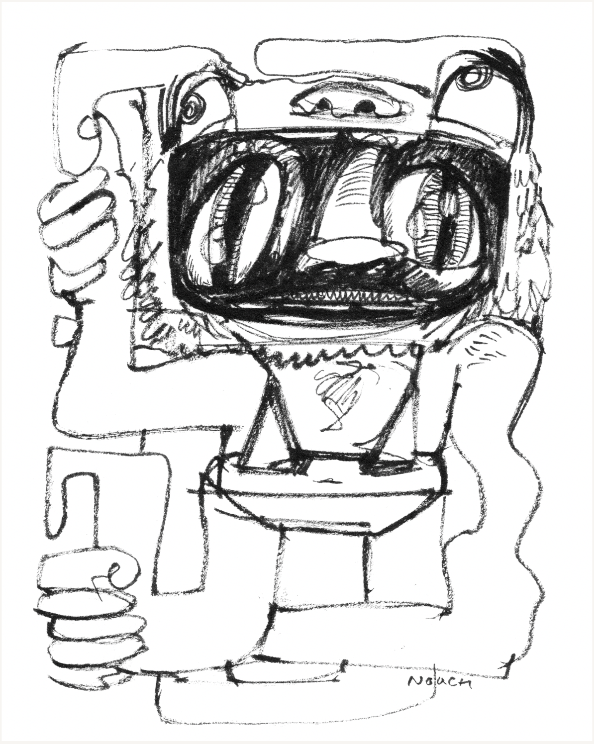 Abstract drawing of a creature with large eyes, outlined in black, with stylized lines and shapes.