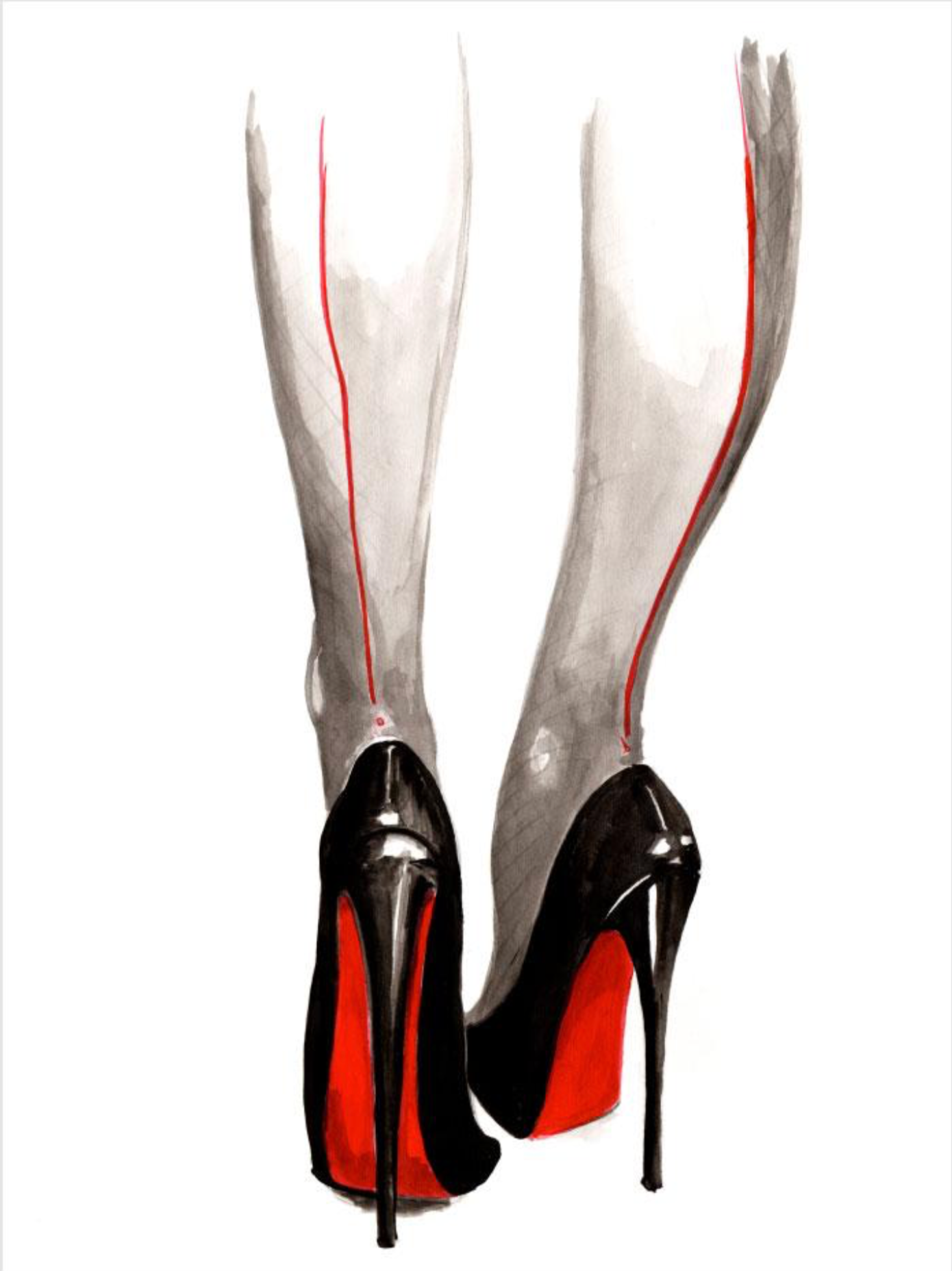 Black high heels with red soles; legs in stockings with red seam.