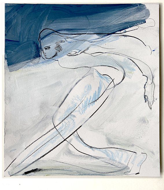 Woman in motion, drawn in blue and black, white background.