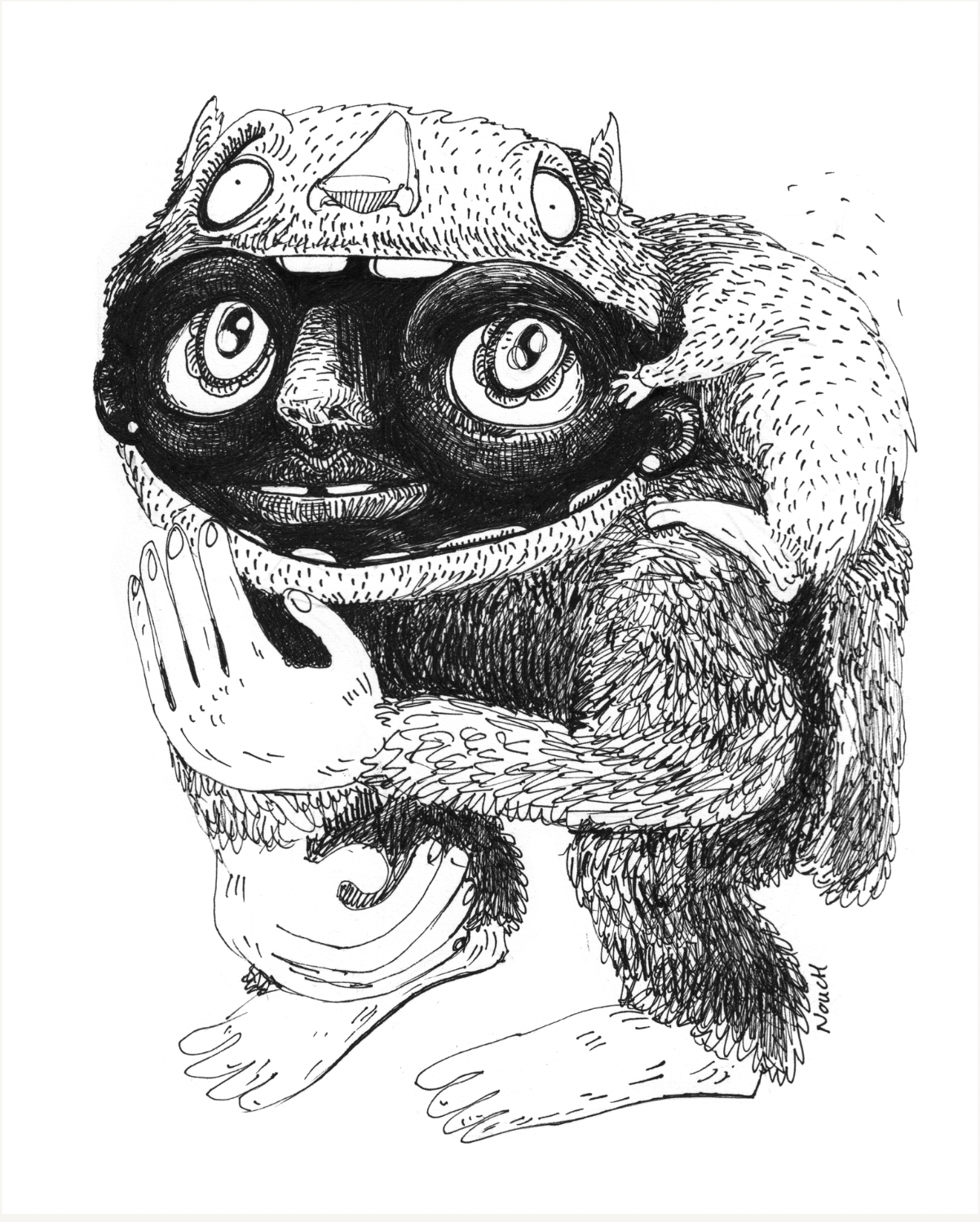 Cartoonish, furry creature with large eyes, dark mask, and a hat, holding hands in front.