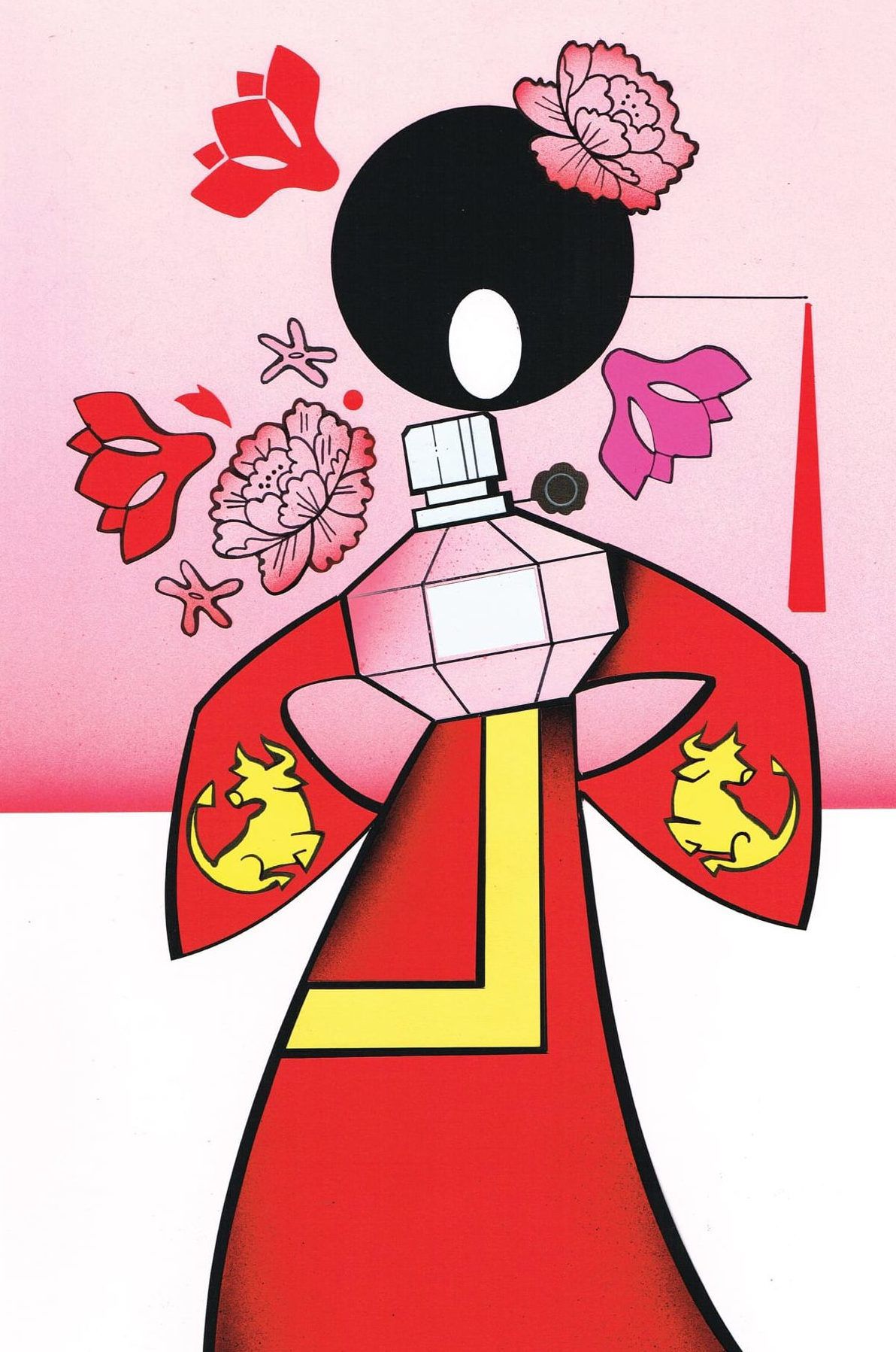 Stylized figure in red and yellow clothing with a geometric bottle-shaped torso, surrounded by floral accents.