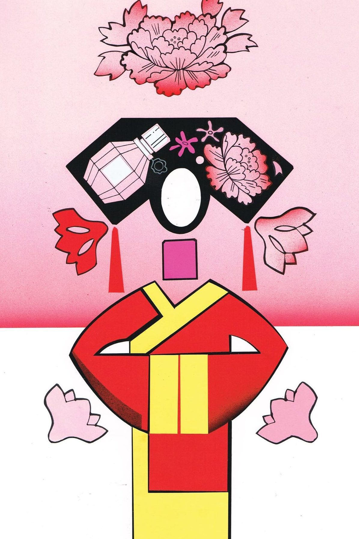 Stylized figure wearing a red and yellow robe and a black headdress with pink accents.
