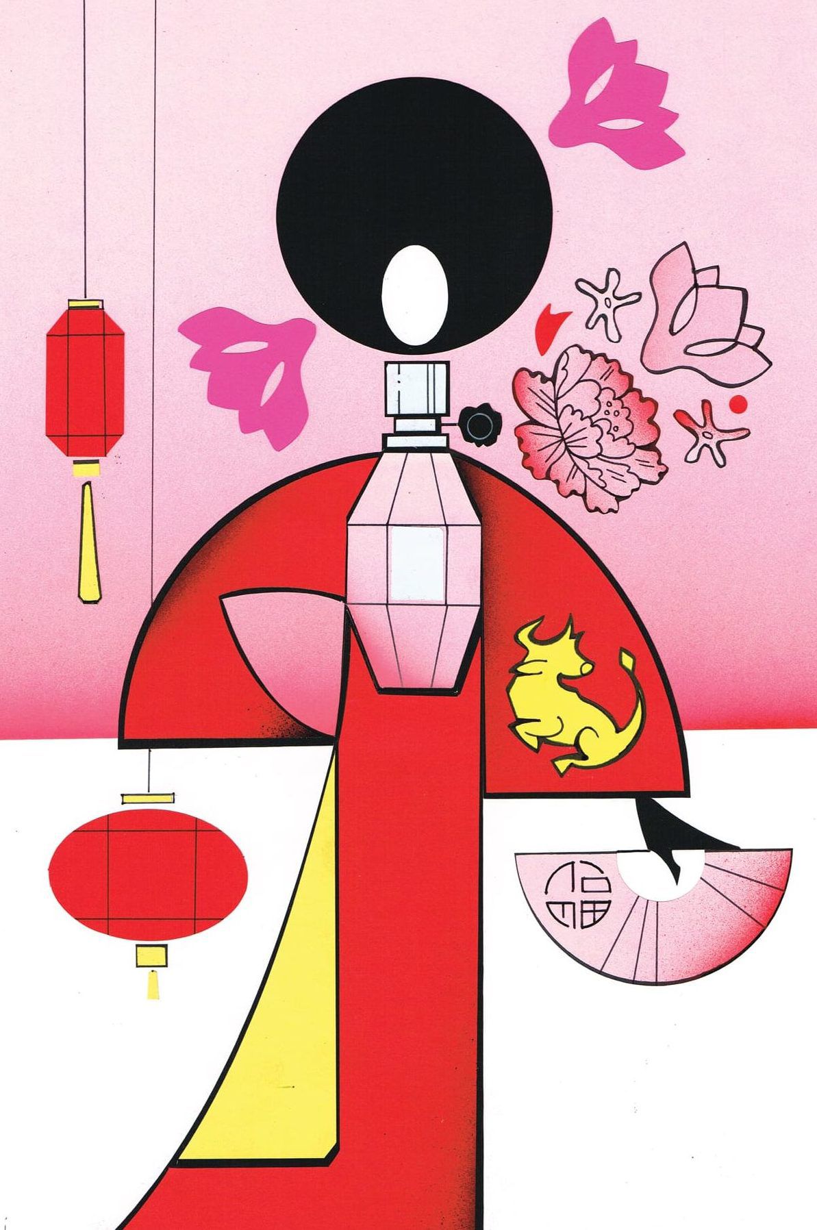 Geometric illustration of a person-shaped perfume bottle in red robes, with hanging lanterns and floral accents.