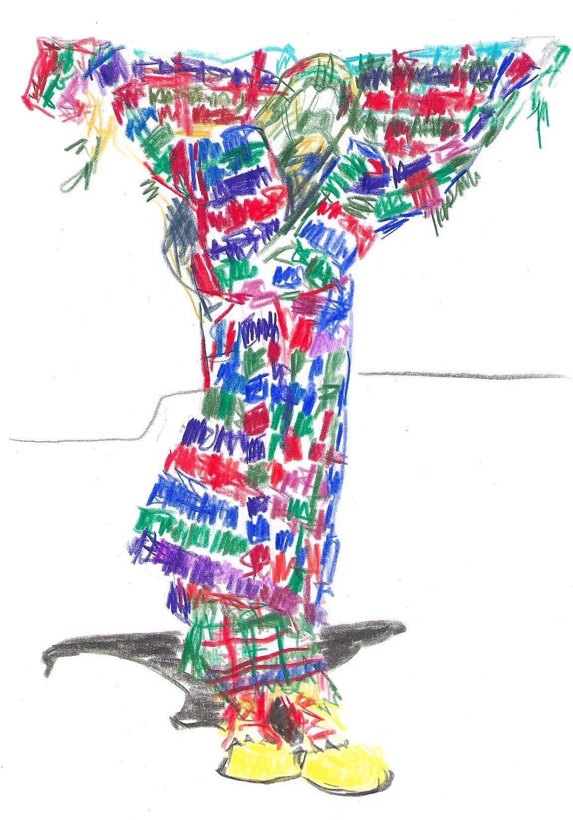 Colorful, plaid-clothed clown, standing, arms outstretched, yellow shoes, dark shadow.