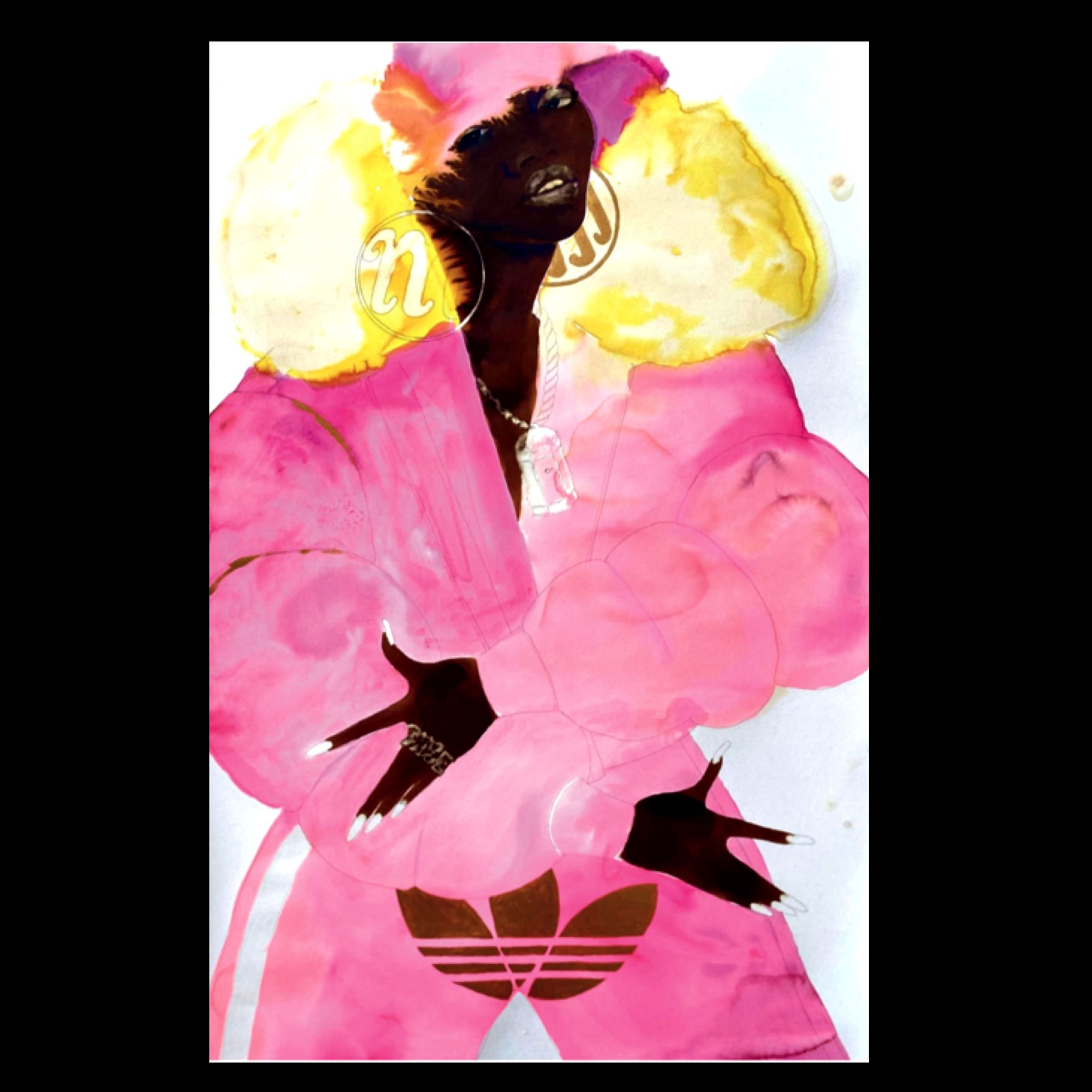 Woman in pink Adidas tracksuit with gold earrings. Watercolor style.