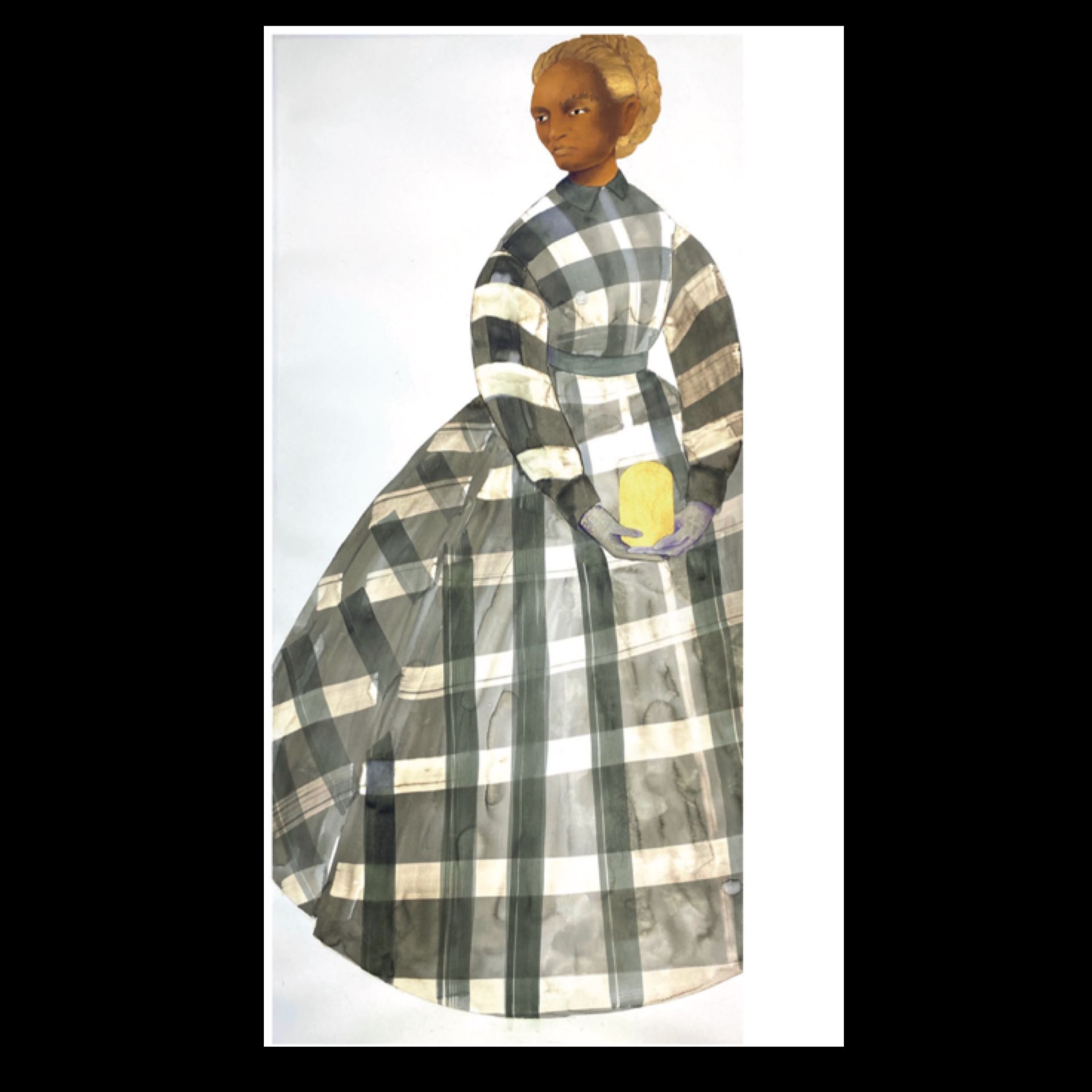 Woman in checkered dress, holding yellow object.