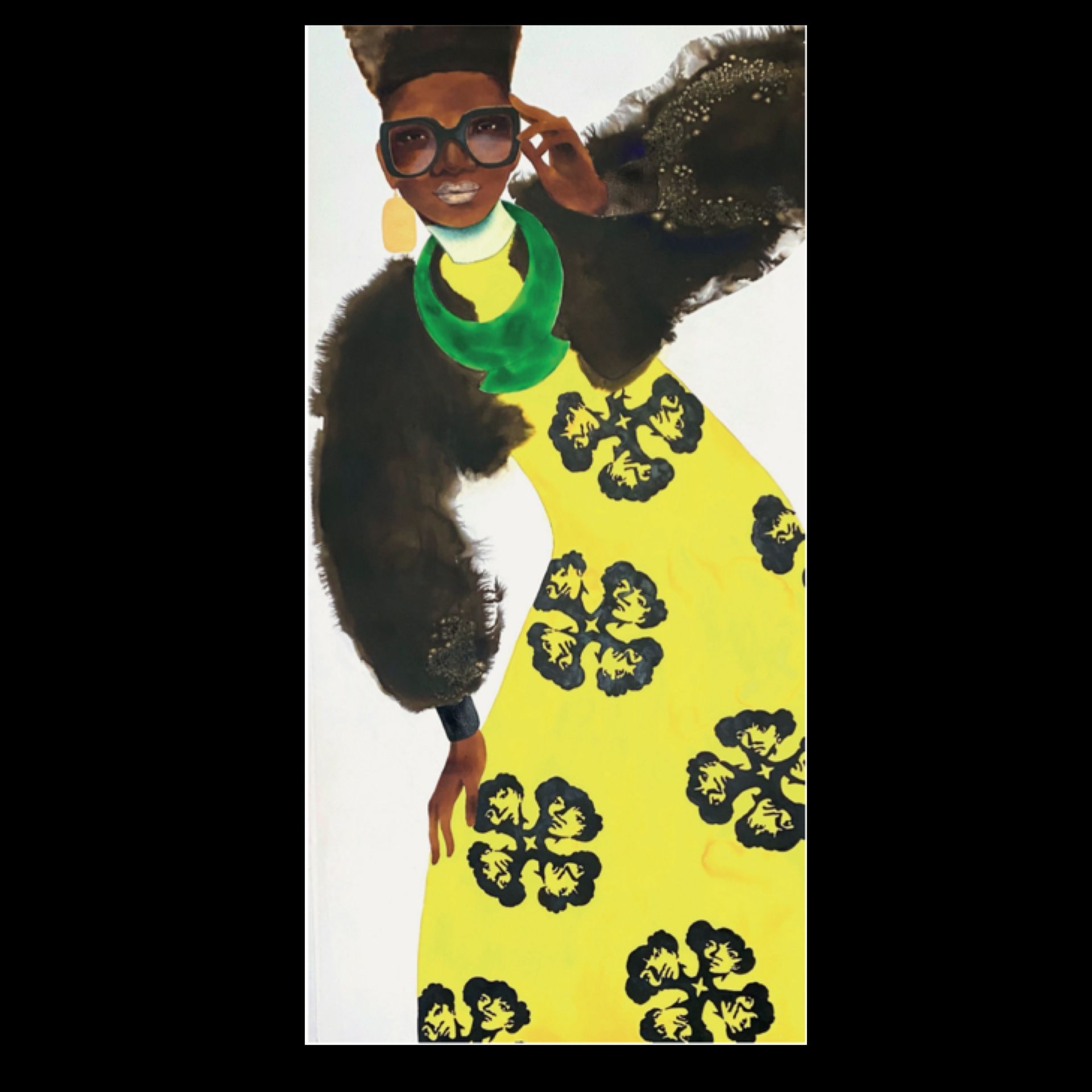 Woman in sunglasses, yellow floral dress, green necklace, and dark fur.