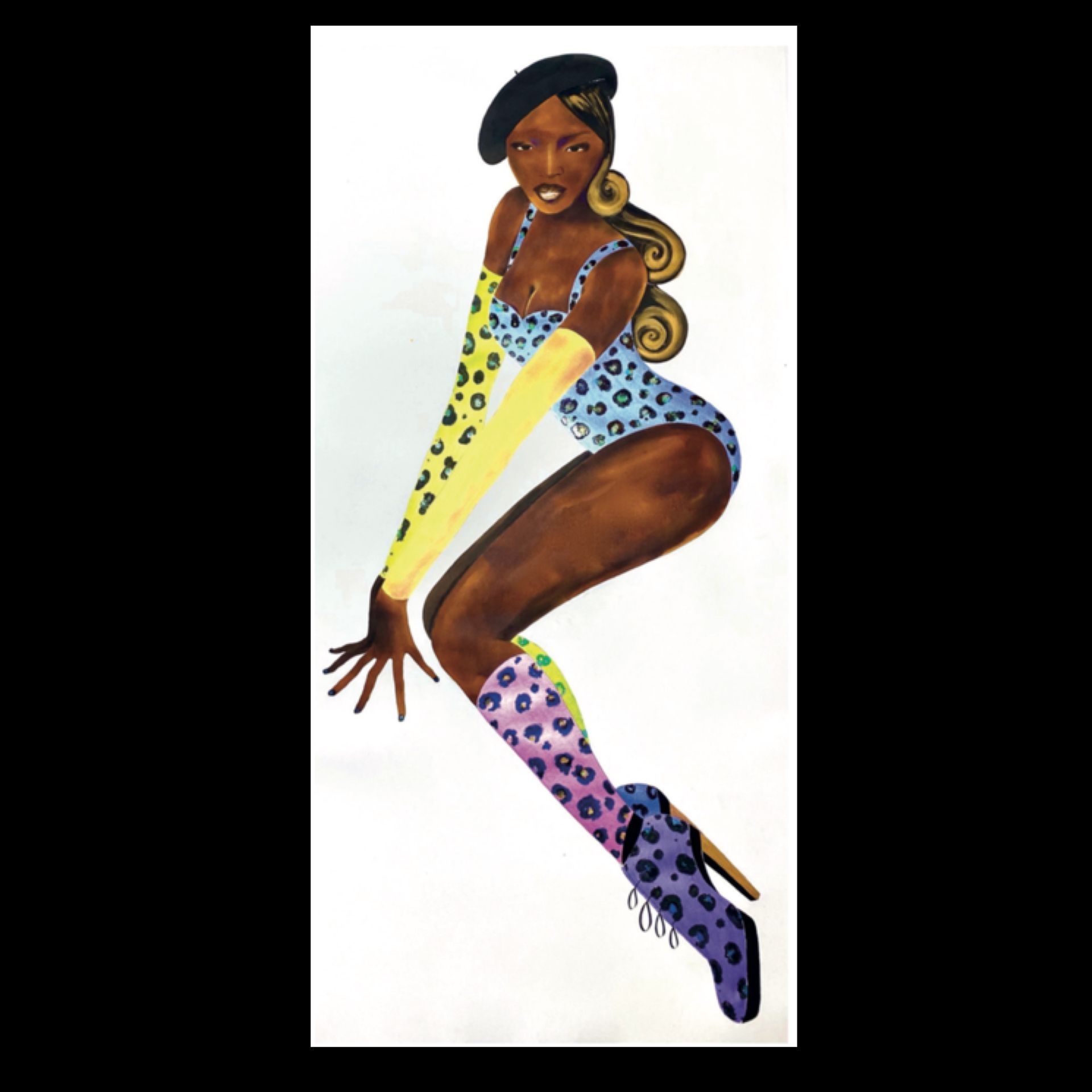 Woman in leopard print bodysuit, beret, and boots, yellow arm warmer. Posing.