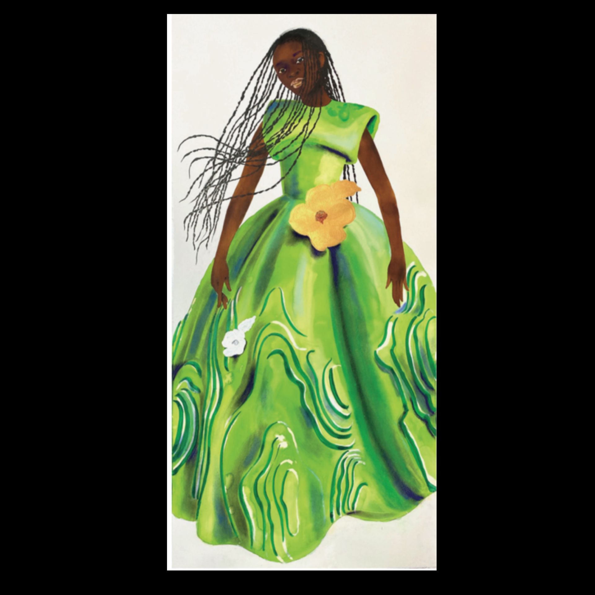Woman in a flowing green dress with yellow and white flower accents. Braided hair.