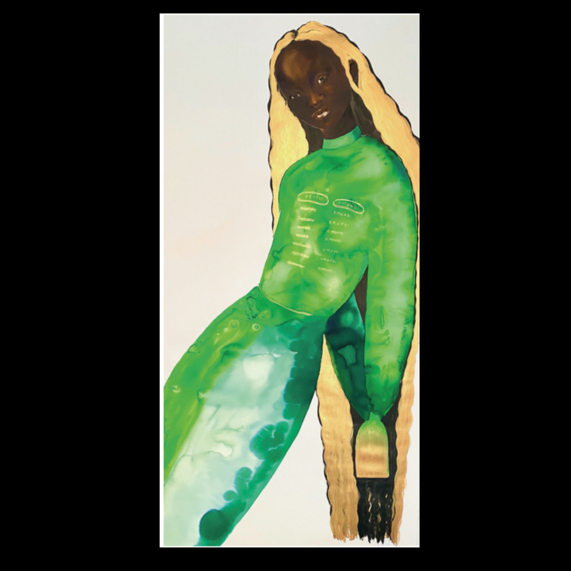 Woman in green dress with gold hair and background.