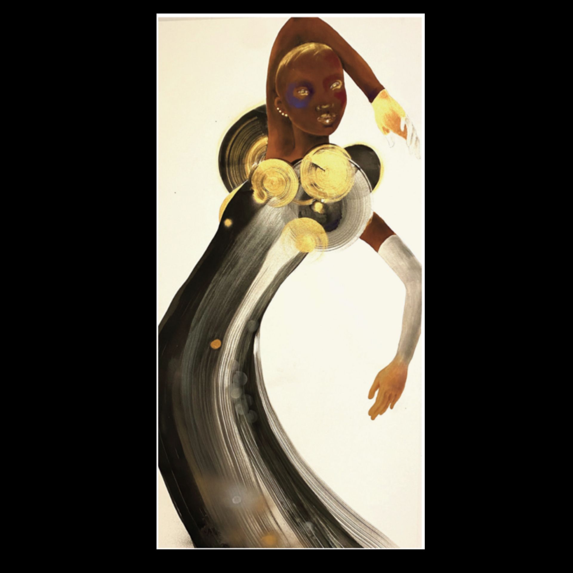 Woman in a black and white gown with gold accents, arm raised, and dark skin.