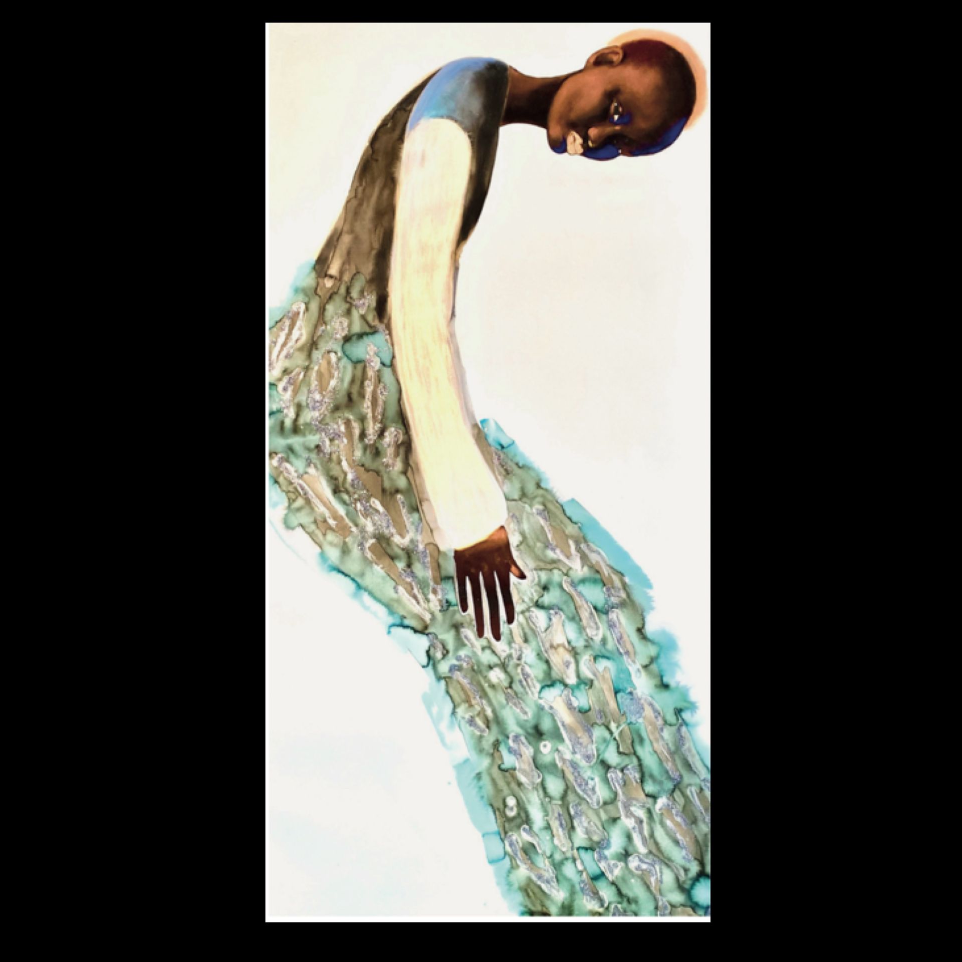 Illustration of figure with elongated arm. Long dress in blues, browns, and whites. Head bent downwards.