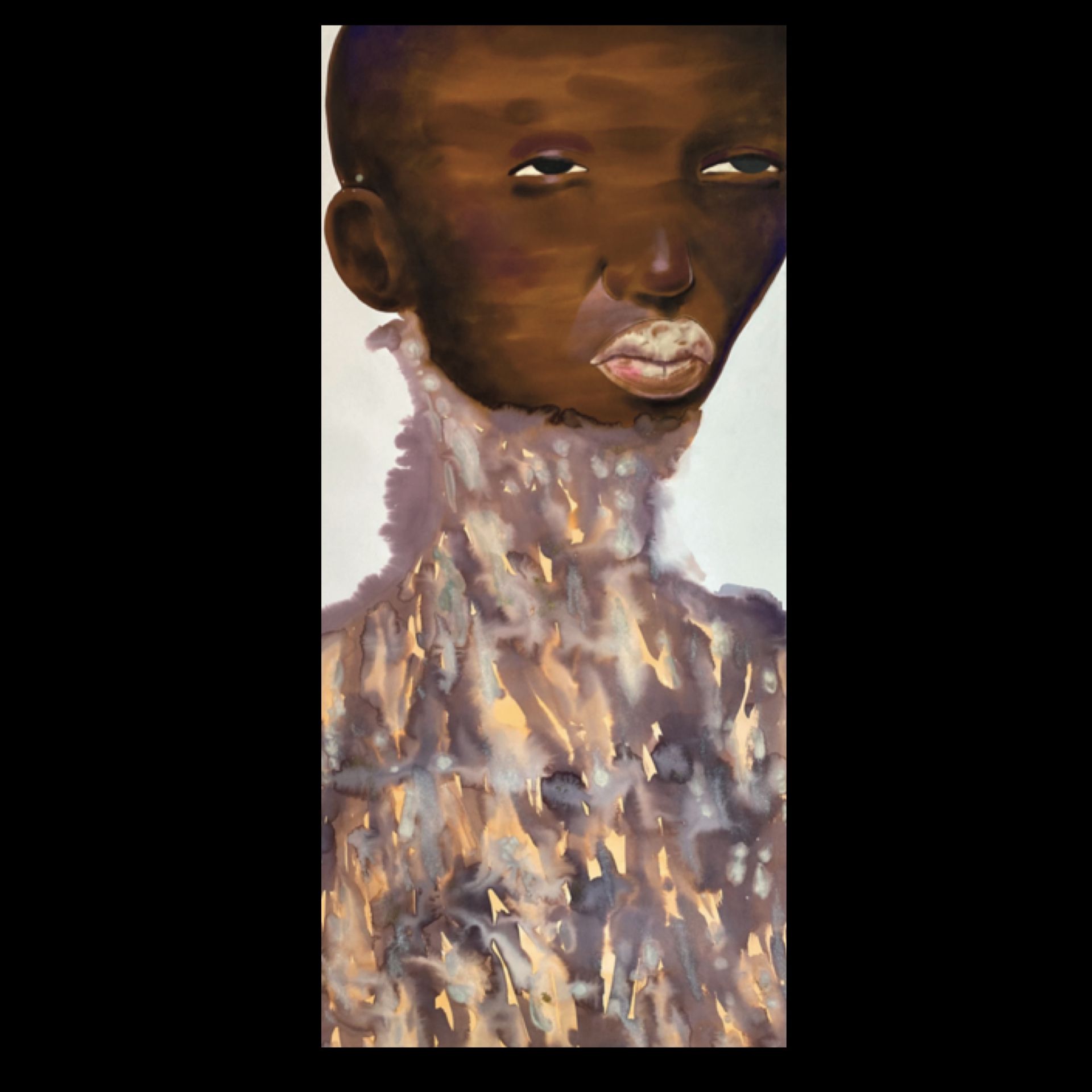 Portrait of a person with dark skin. They wear a light-colored, high-collared garment.