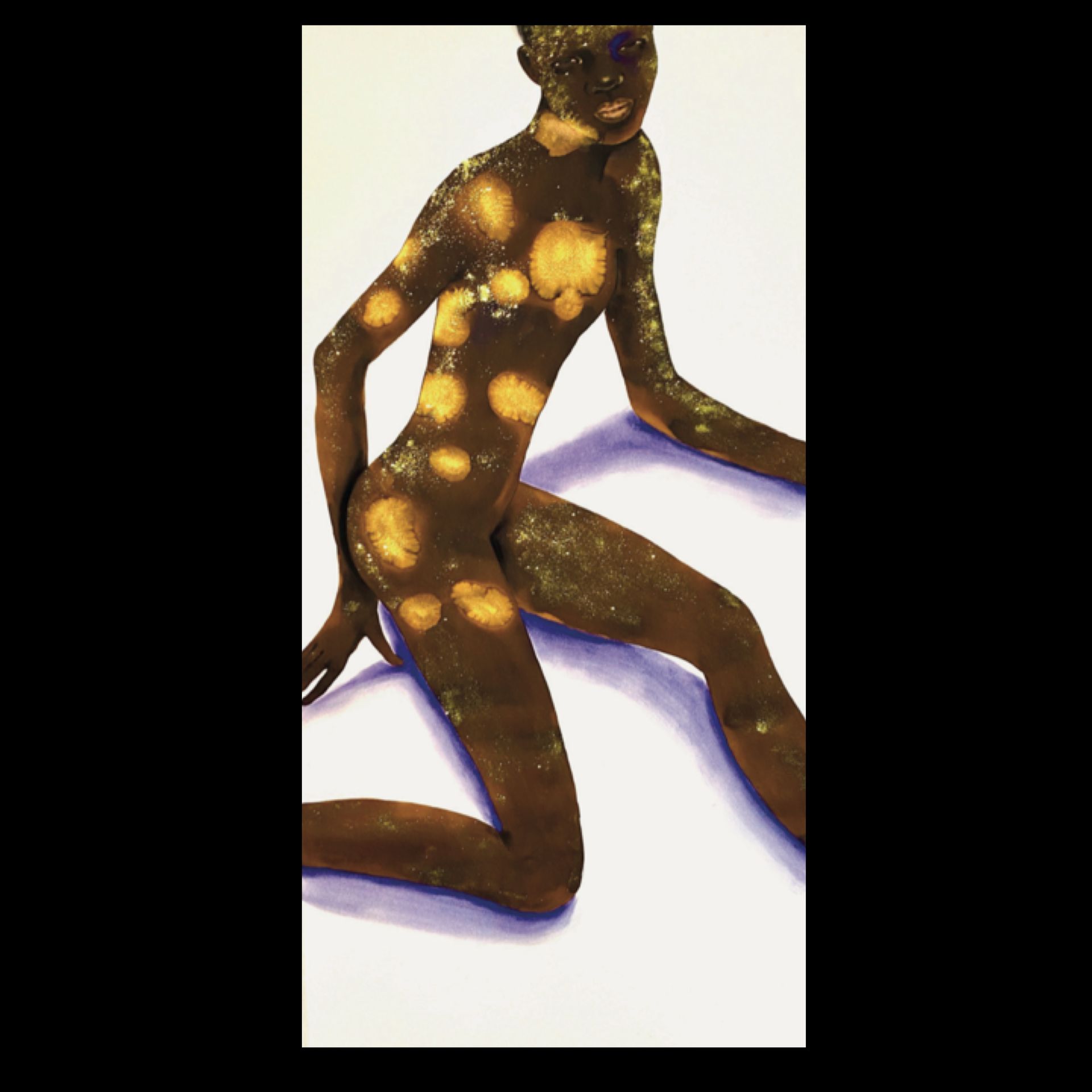 Nude figure, dark skin, posing on white surface, illuminated by large yellow orbs.