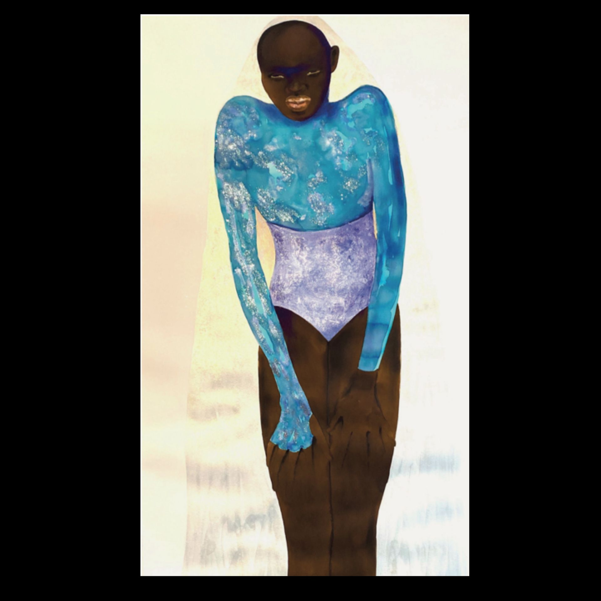 Figure in blue and purple clothing with dark skin, holding hand near lower body, against a light background.