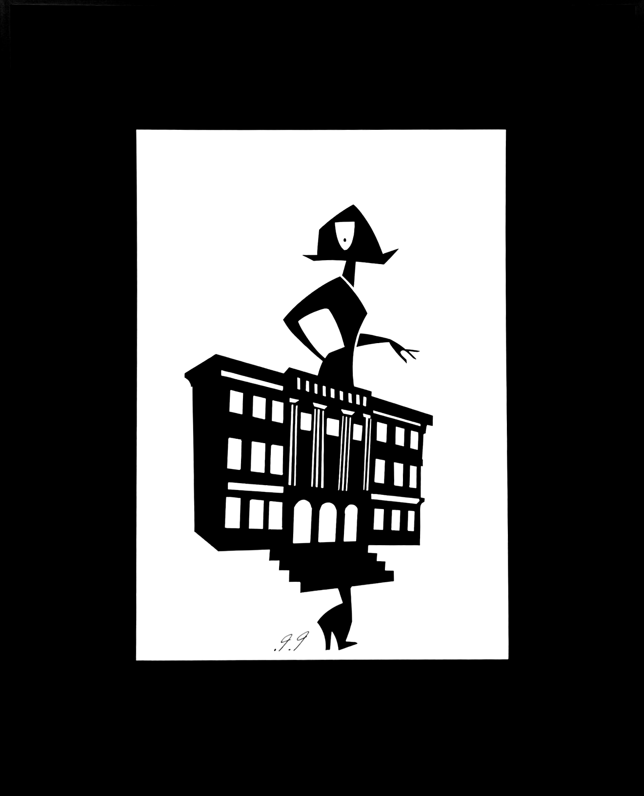 Woman's silhouette with building as skirt, high heels. Black and white illustration.