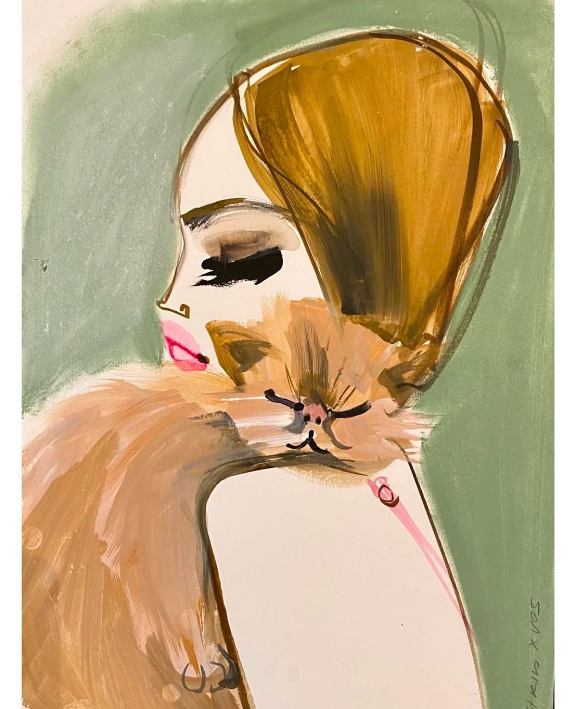 Woman with brown hair, holding a fluffy cat, pink lips, green background.