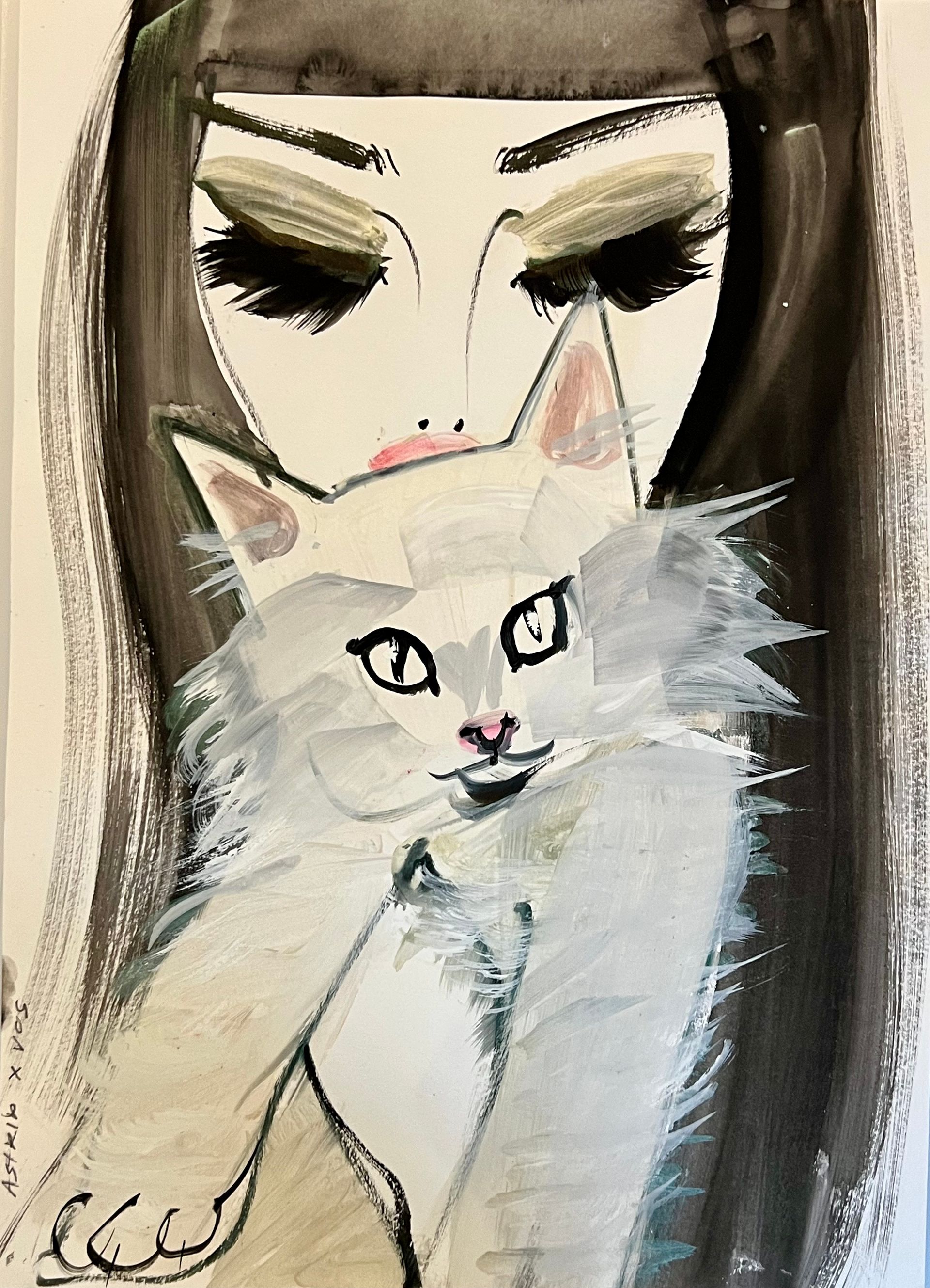 Woman with dark hair holds a fluffy white cat with a pink nose.