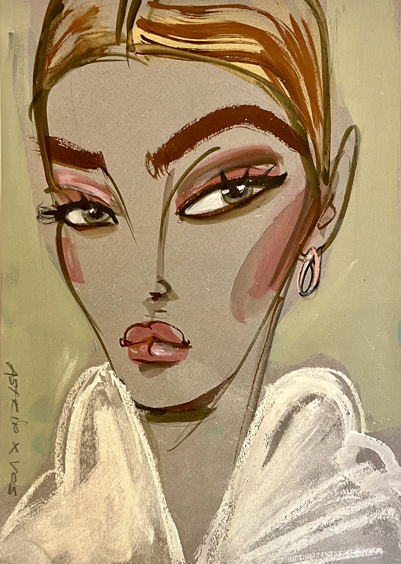 Illustration of a woman with large eyes, pink makeup, and a white robe.