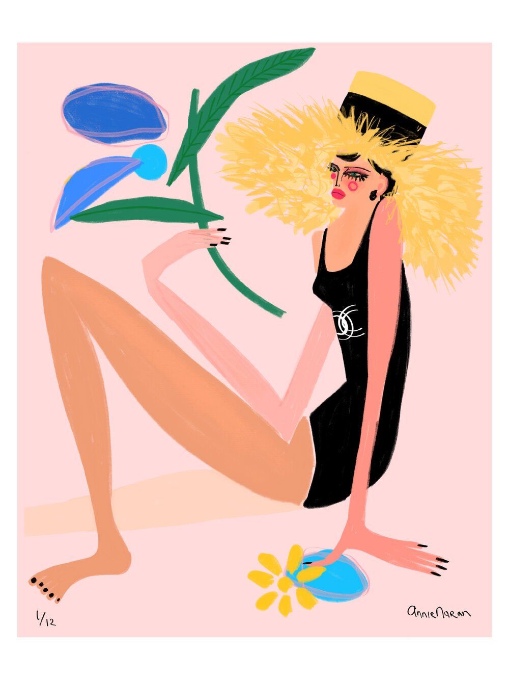 Woman wearing a black swimsuit and a large straw hat, sitting with stylized plants against a pink background.