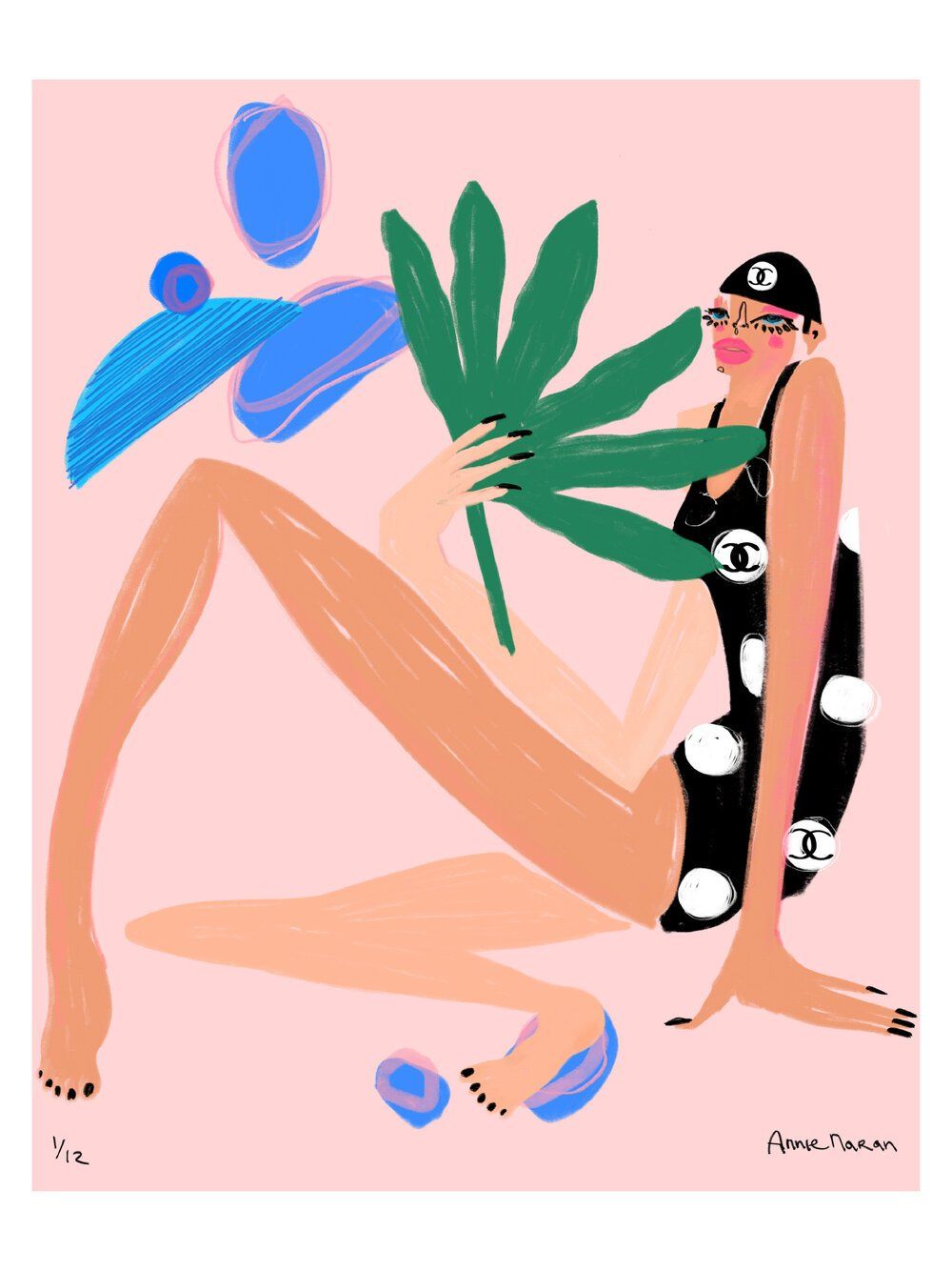 Woman in polka dot swimsuit holding a green leaf. Blue shapes float in the background on pink.