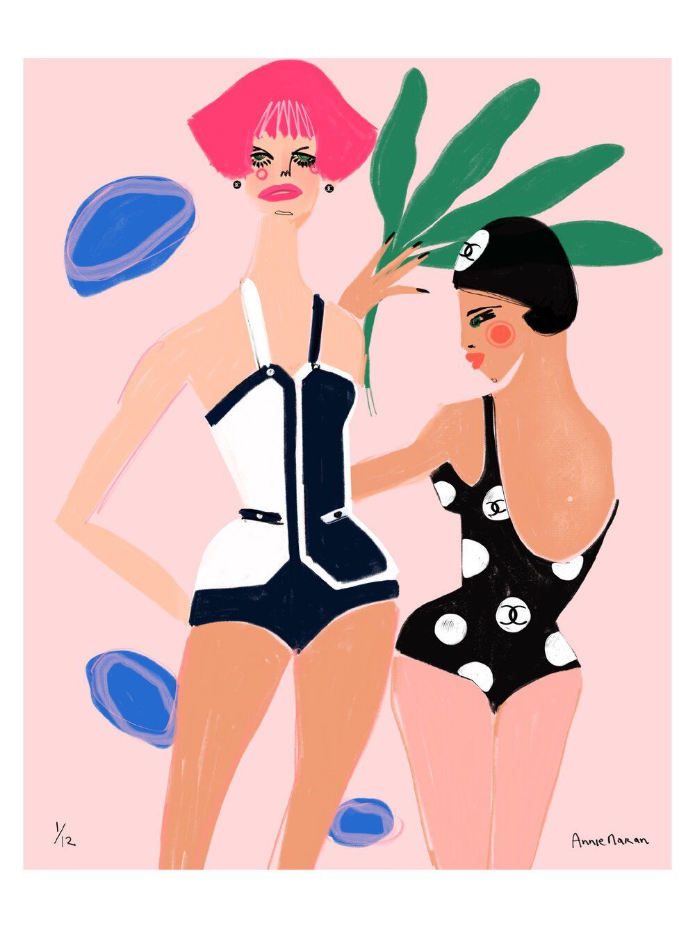 Two women in vintage swimsuits pose against a pink backdrop, one with pink hair, holding a palm leaf.