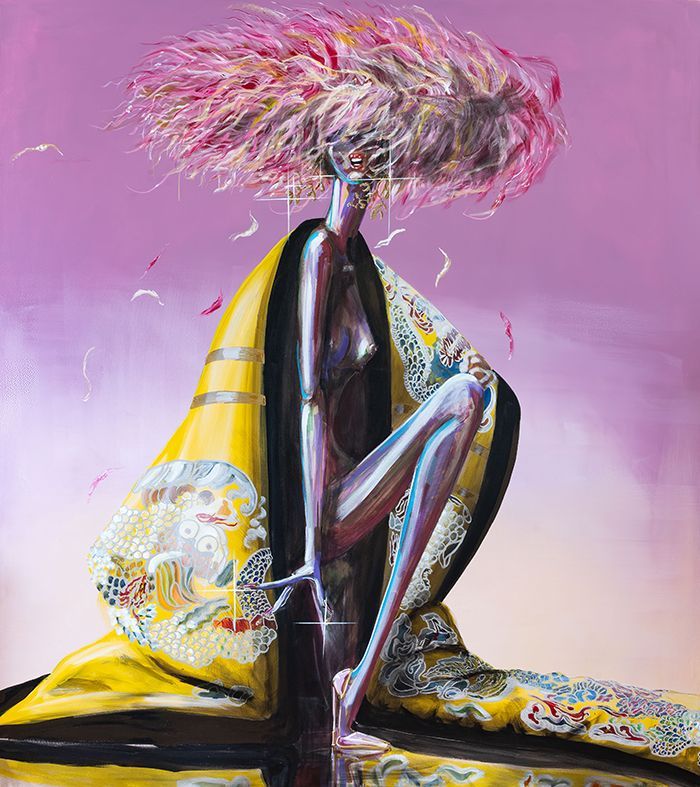 Figure in yellow robe and feathery headpiece, seated with one leg bent, in a pink setting.