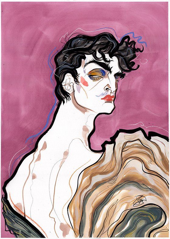 Man with dark, wavy hair, and makeup, gazing left. Wearing an ornate draped garment, against a pink background.