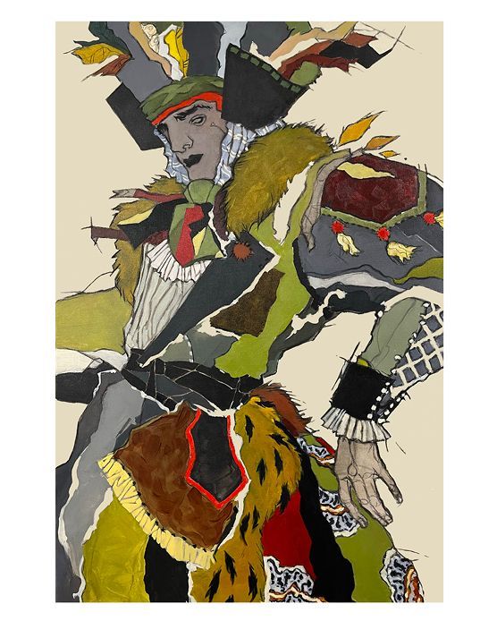 Abstract illustration of a figure in elaborate, colorful patchwork clothing and headwear.
