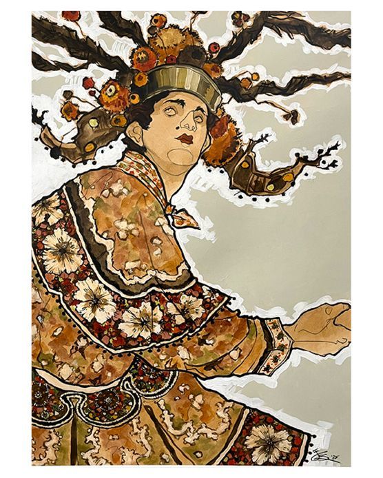 A person in ornate costume; floral patterns, elaborate headdress, arm outstretched, against a neutral background.