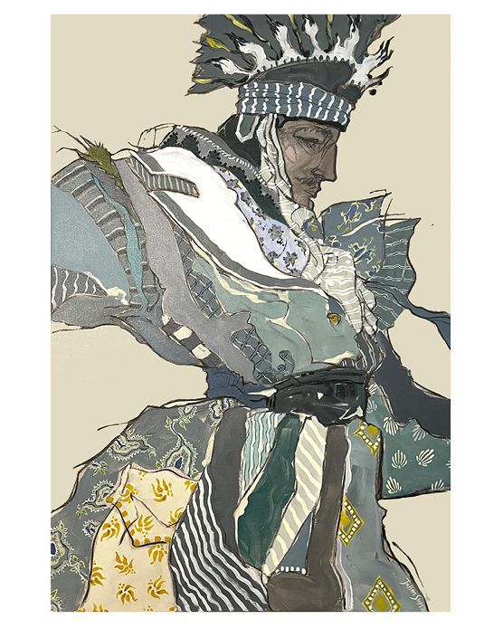 Person in elaborate, patterned fabric clothing and headdress. Profile view, set against a cream background.