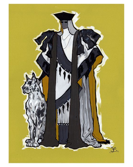Illustration of figure in robe and hat, with a Great Dane on a yellow background.