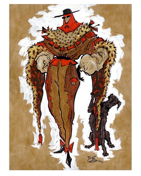 Stylized figure in red and brown with a black hat, a dog, and a spotted fur shawl.