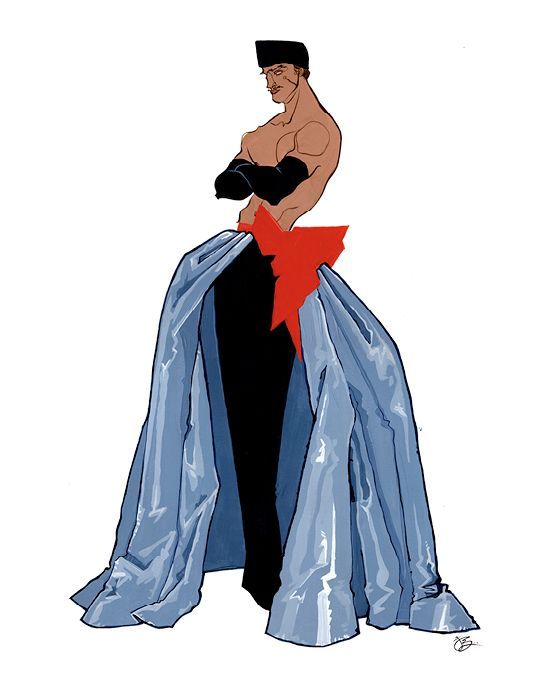 Man in a strapless black top and long blue skirt, red bow at the waist, arms crossed.