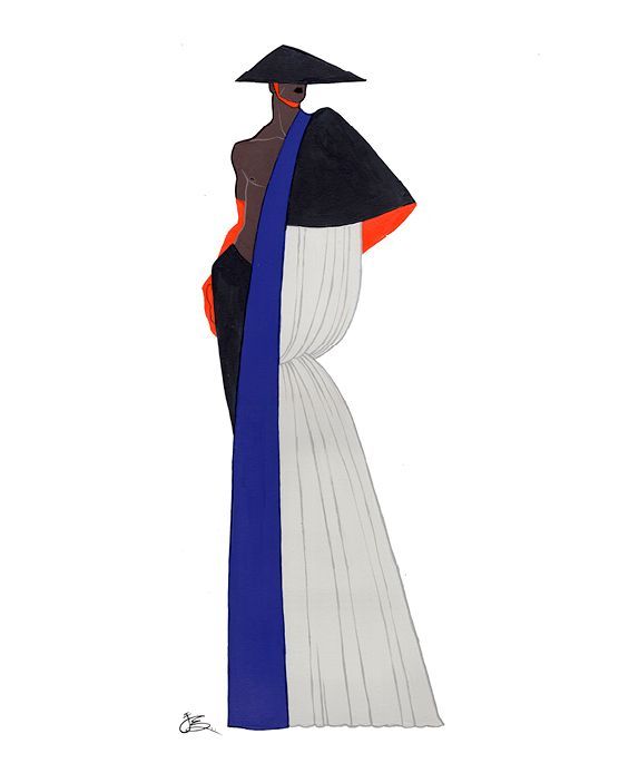 Illustration of a figure in a black hat and colorful draped clothing: black, orange, blue, and white.