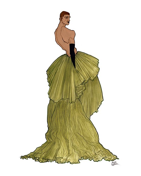 A figure wearing a voluminous, layered chartreuse gown and black gloves, with a bare torso and looking away.