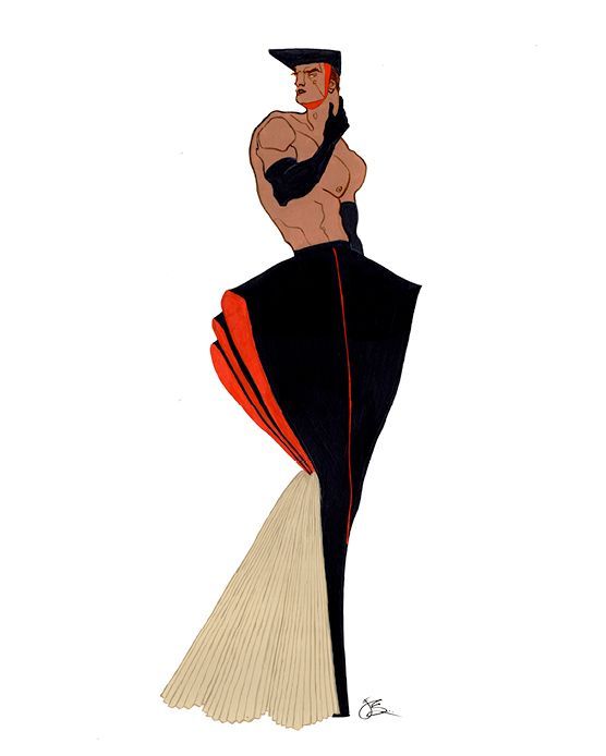 Fashion illustration of a person with bare torso and dramatic black and red skirt.