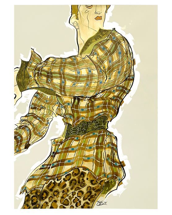 Illustration of a person in a plaid top and leopard print pants, with light brown and green tones.