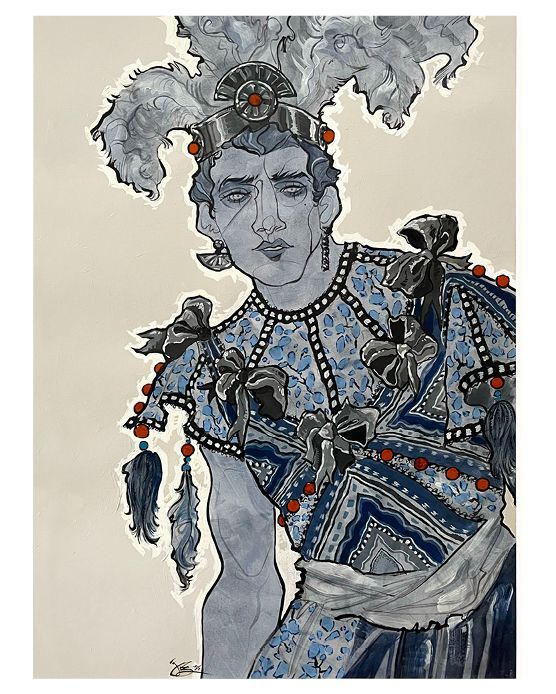 A stylized illustration of a person in a blue and silver costume with a feathered headdress.