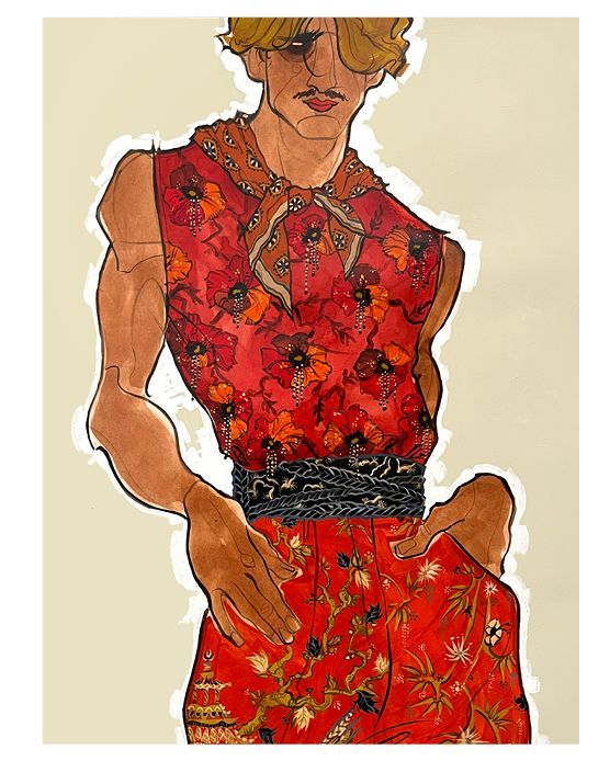 Fashion sketch of a person wearing a red floral top and pants, black belt, tan skin, curly blonde hair.