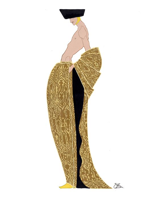 Woman in gold and black gown, black cap, holding fabric, gold earrings, standing pose.