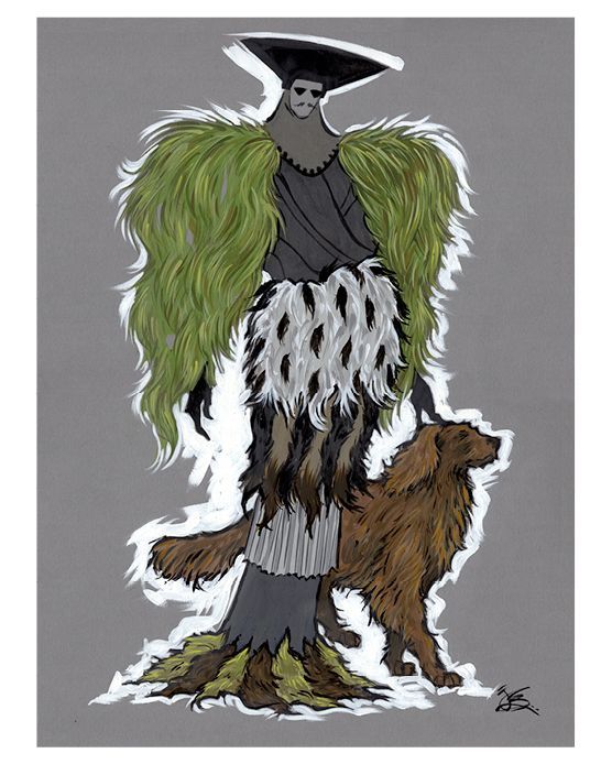 Person with green and white fur cloak and dress, a dog, on gray background.