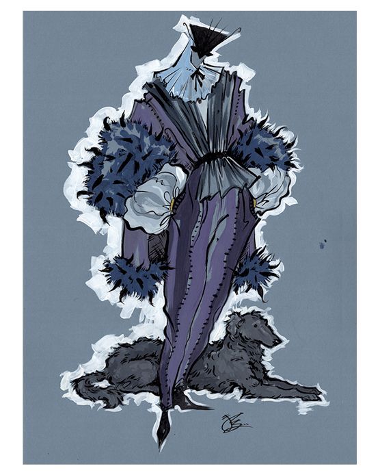 Fashion illustration of a person in a purple gown with black fur trim, white ruffles, and a dog lying down.