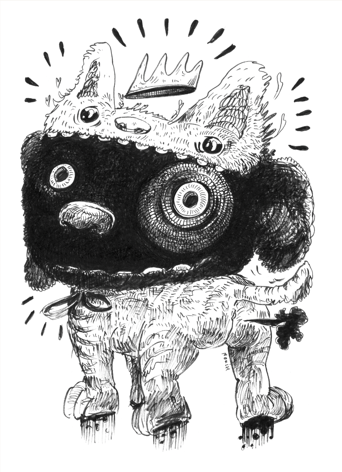 Cartoonish creature with crown, large eye, and black, furry body. Radiating lines suggest energy.