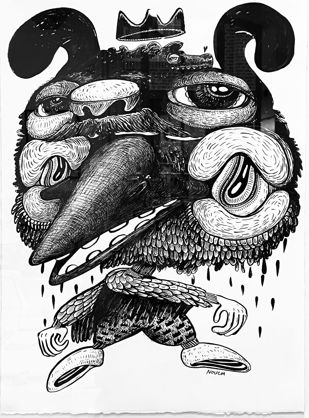 Grotesque creature with large features, a crown, and a small figure below. Black and white.