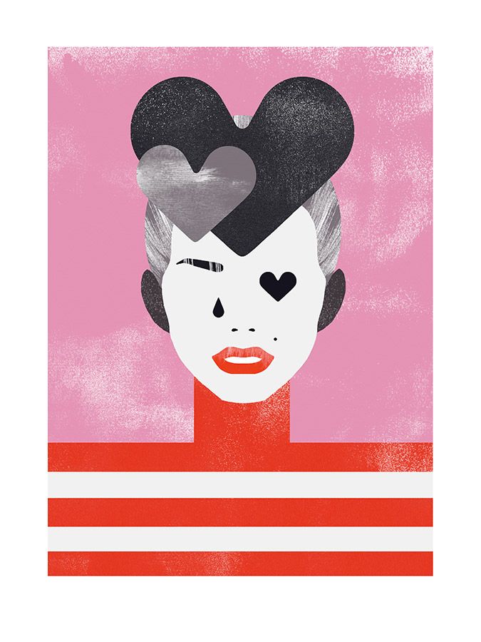 Person with heart-shaped hair, one heart eye, red striped top, against a pink background.
