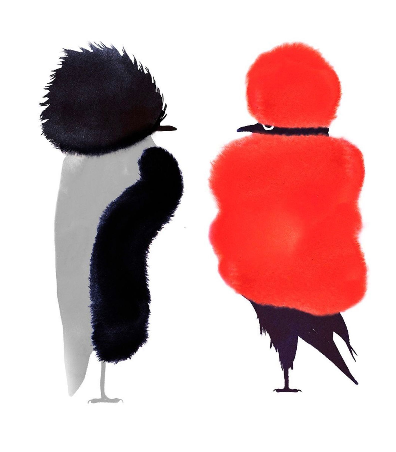 Two stylized birds: one black and white, the other red, facing away.